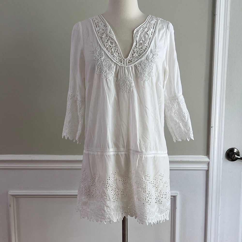 Indigo‎ Collection Peasant Tunic Womens L White Eyelet Lace Embroidered Boho Top